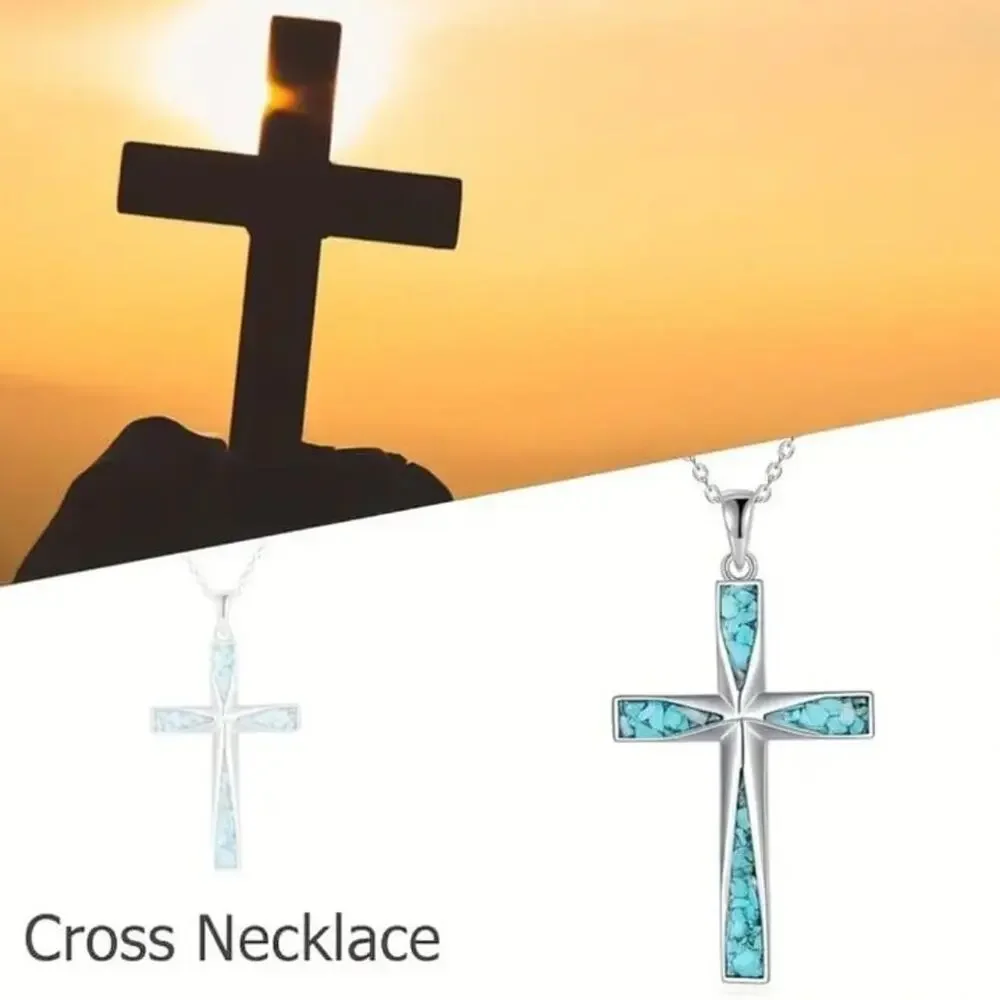 925 Silver Necklace w/ Turquoise Cross Western Christian Birthday Anniversary